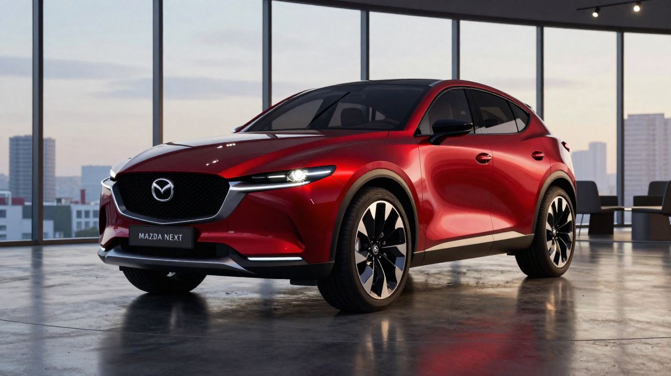 Carro SUV Mazda vermelho estacionado em piso de cimento com janela ampla e vista urbana ao fundo.