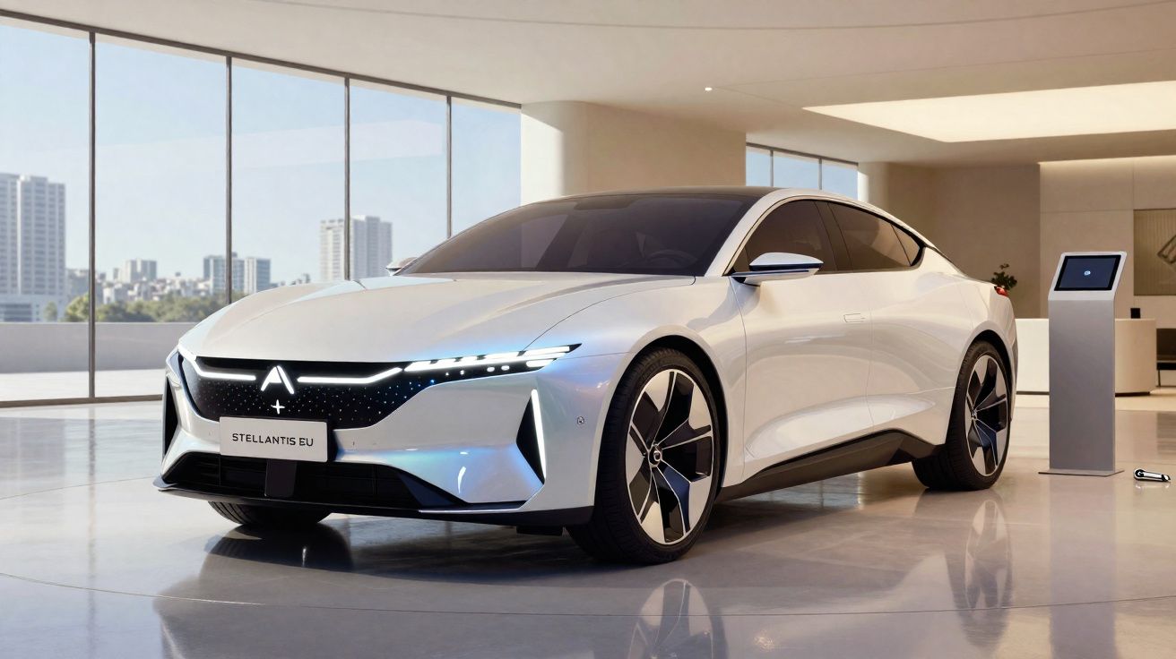 Carro elétrico branco e futurista Stellantis EU em salão moderno com janelas amplas e vista urbana.