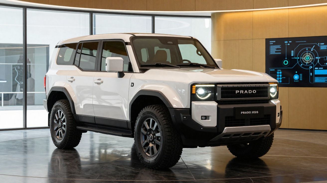 Veículo SUV branco Toyota Prado 2025 exibido num espaço interior moderno com janelas amplas.