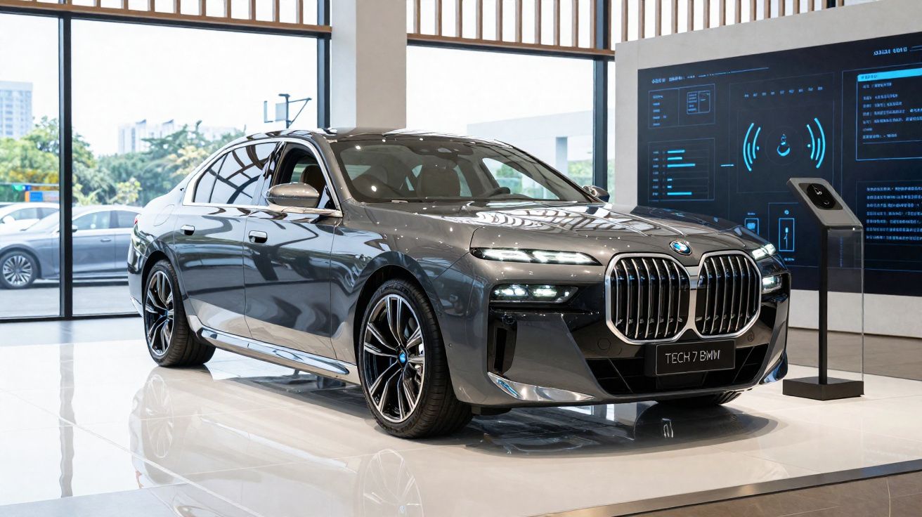 Carro eléctrico BMW Tech 7 cinzento exposto num showroom moderno com painéis digitais ao fundo.