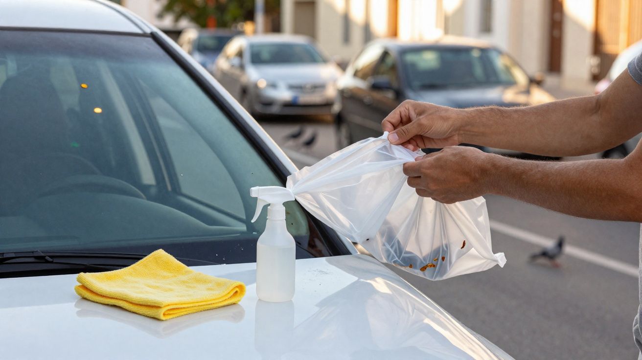 Pessoa a limpar e guardar insetos removidos do para-brisas do carro com pano amarelo e pulverizador na rua