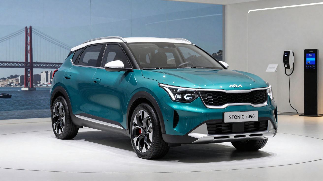 Carro elétrico Kia Stonic 2096 azul exposto com ponte e estação de carregamento ao fundo.