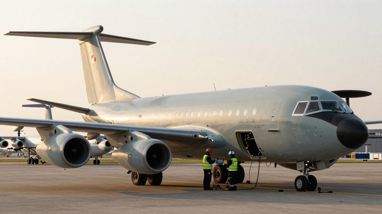 Avião militar cinzento estacionado numa pista com três trabalhadores em coletes refletivos ao lado.