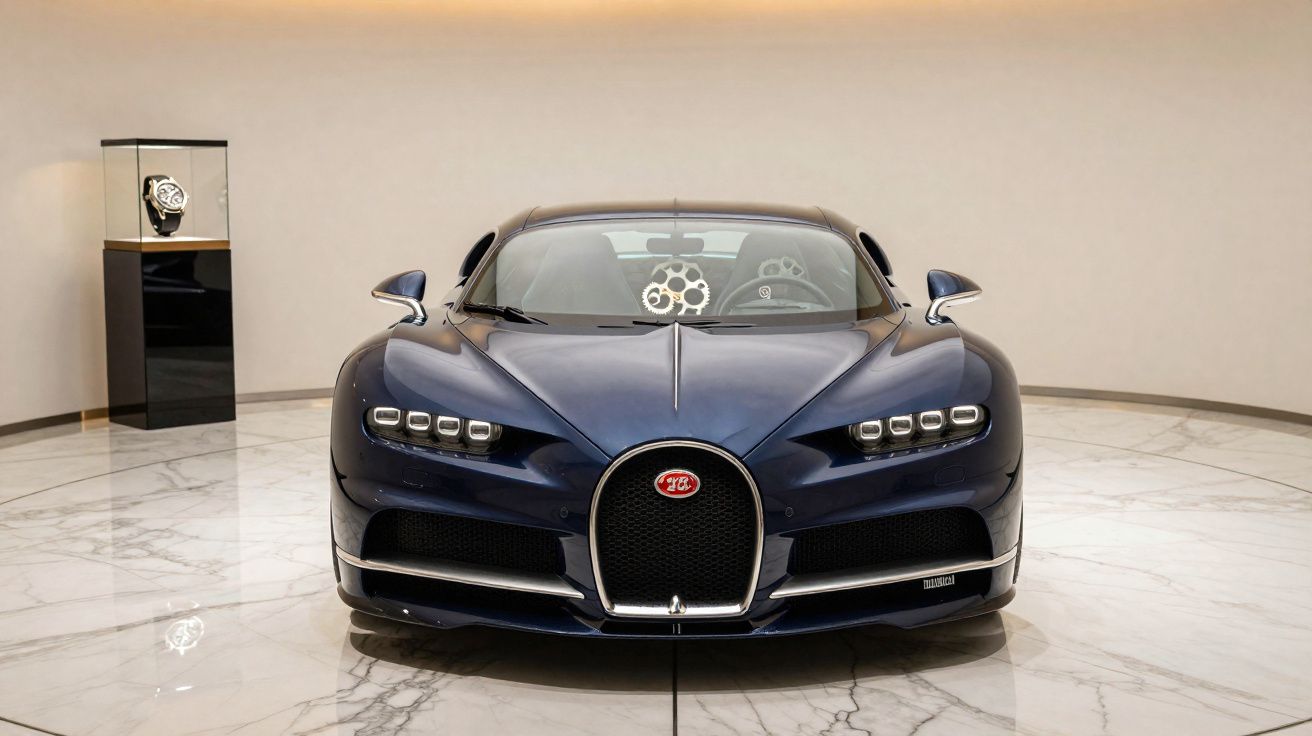 Carro desportivo Bugatti Chiron azul escuro exposto num espaço com chão de mármore.