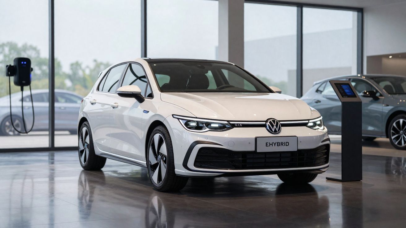 Carro branco Volkswagen eHybrid exposto em showroom moderno com carregador elétrico na parede.