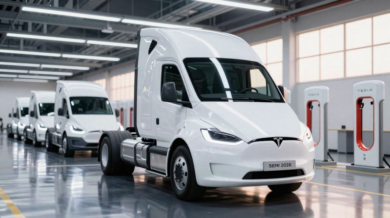 Camiões elétricos Tesla Semi alinhados numa garagem moderna com estações de carregamento ao fundo.