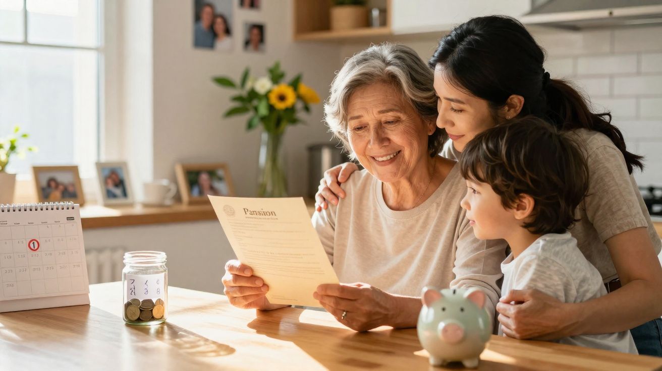 Mulher idosa a ler carta com família ao seu lado numa cozinha iluminada e acolhedora.