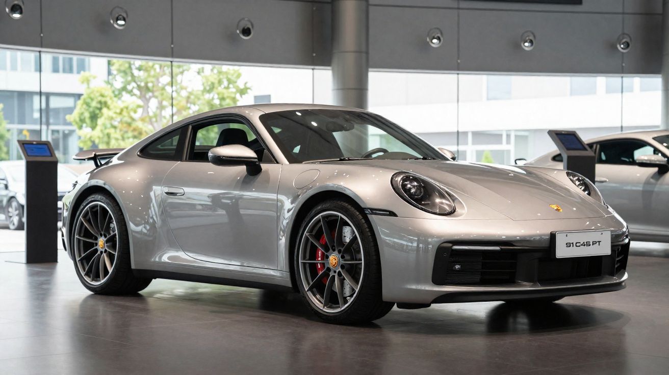 Carro desportivo Porsche prata exposto em salão automóvel moderno com janelas amplas.