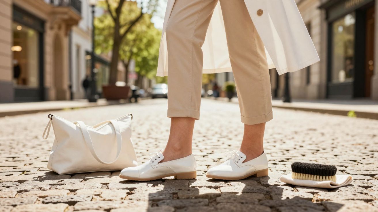 Pés de pessoa com sapatos brancos, calças bege, bolsa branca e escova sobre calçada em rua.