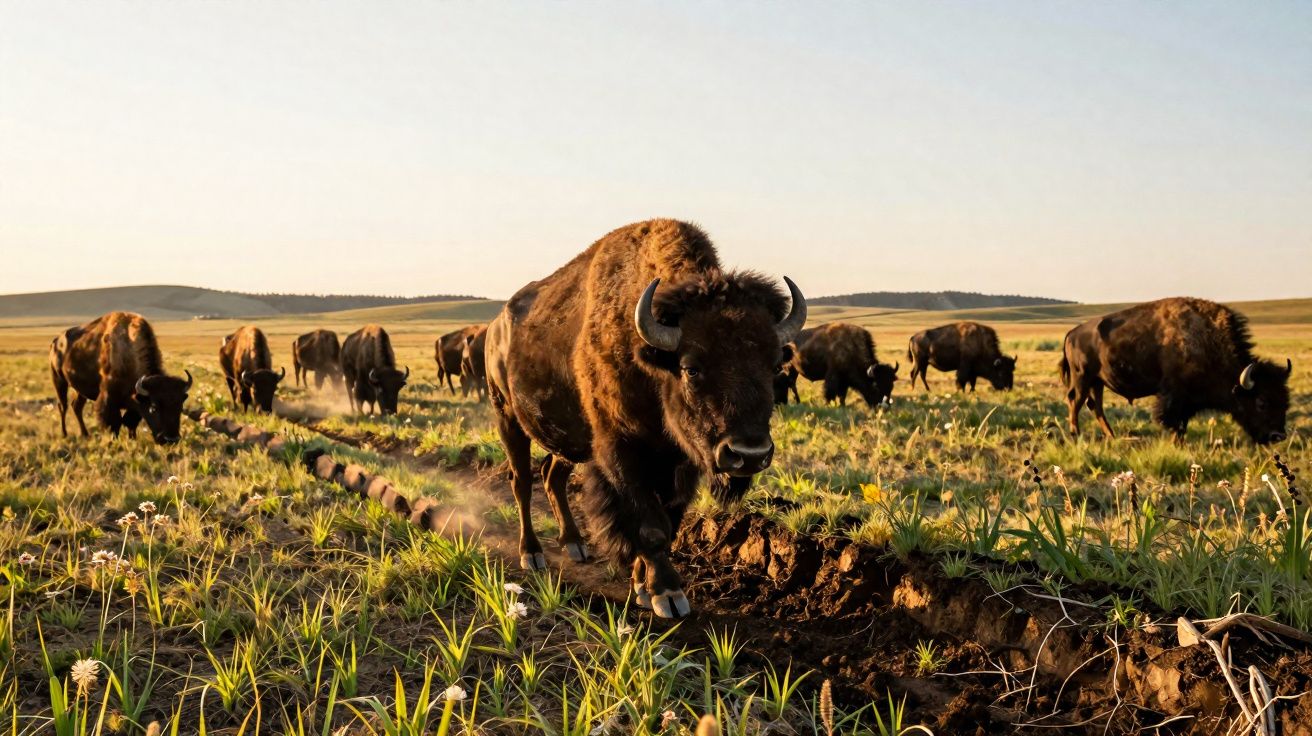Manada de bisontes a caminhar num campo aberto ao entardecer com vegetação rasteira e céu limpo.
