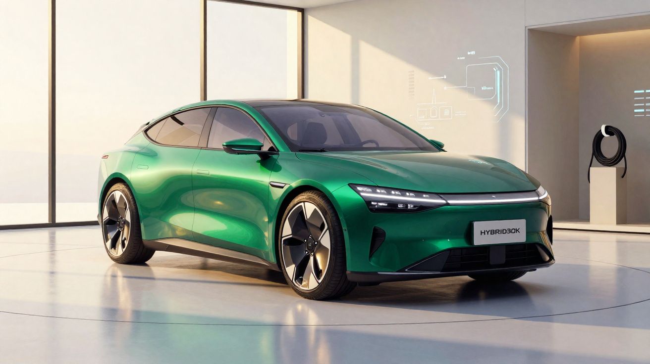 Carro elétrico verde brilhante em showroom moderno com carregador ao fundo, design aerodinâmico e futurista.