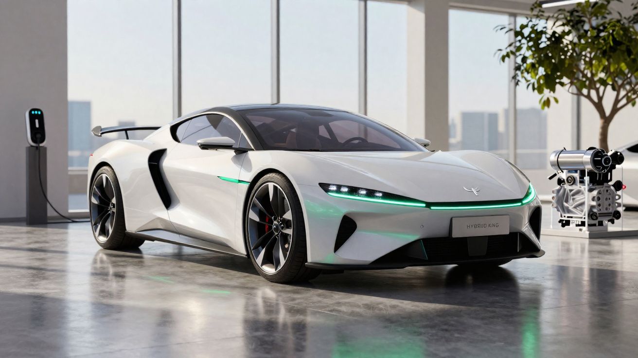 Carro elétrico desportivo branco a carregar numa garagem moderna com janelas grandes e vista urbana.