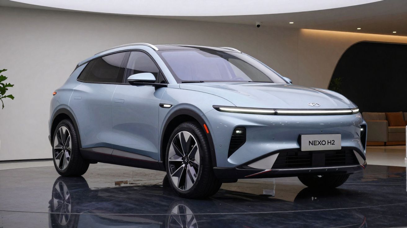 Carro elétrico SUV moderno cinza claro exposto em ambiente interior com piso refletor.