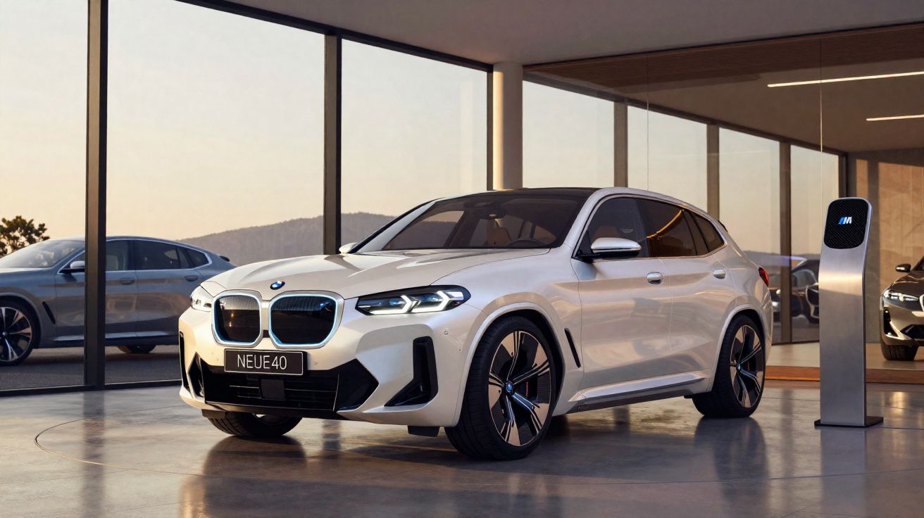 Carro eléctrico BMW iX1 branco estacionado numa garagem moderna com carregador elétrico ao lado.