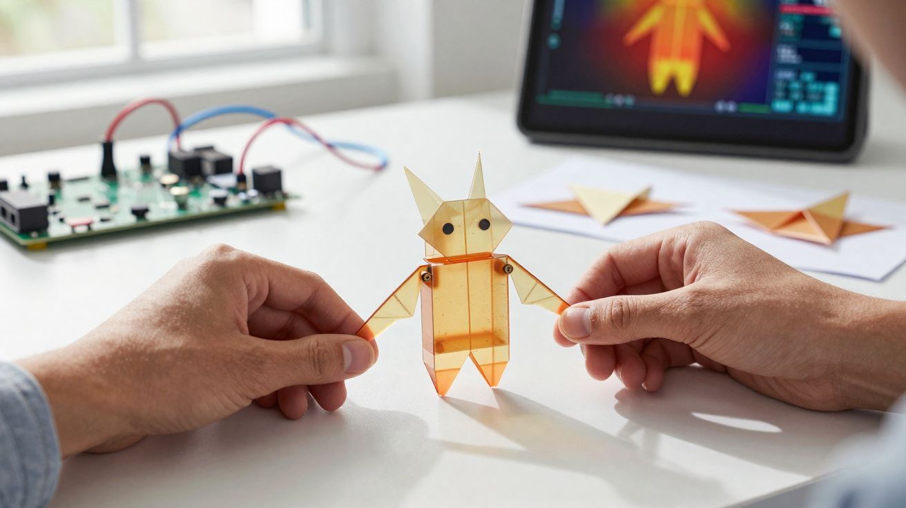 Duas mãos seguram figura robótica amarela transparente numa mesa com placa electrónica e tablet ao fundo.