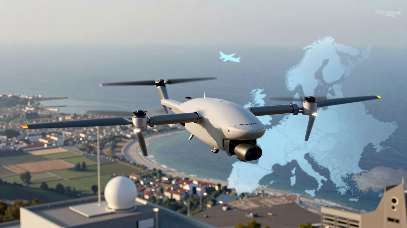 Drone cinzento a voar sobre área costeira urbana com mapa da Europa e aviões ao fundo.