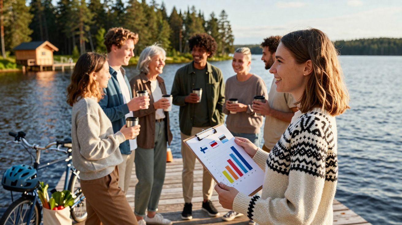 Grupo de seis pessoas em convívio num cais à beira de um lago, com gráfica em papel e bicicletas ao lado.