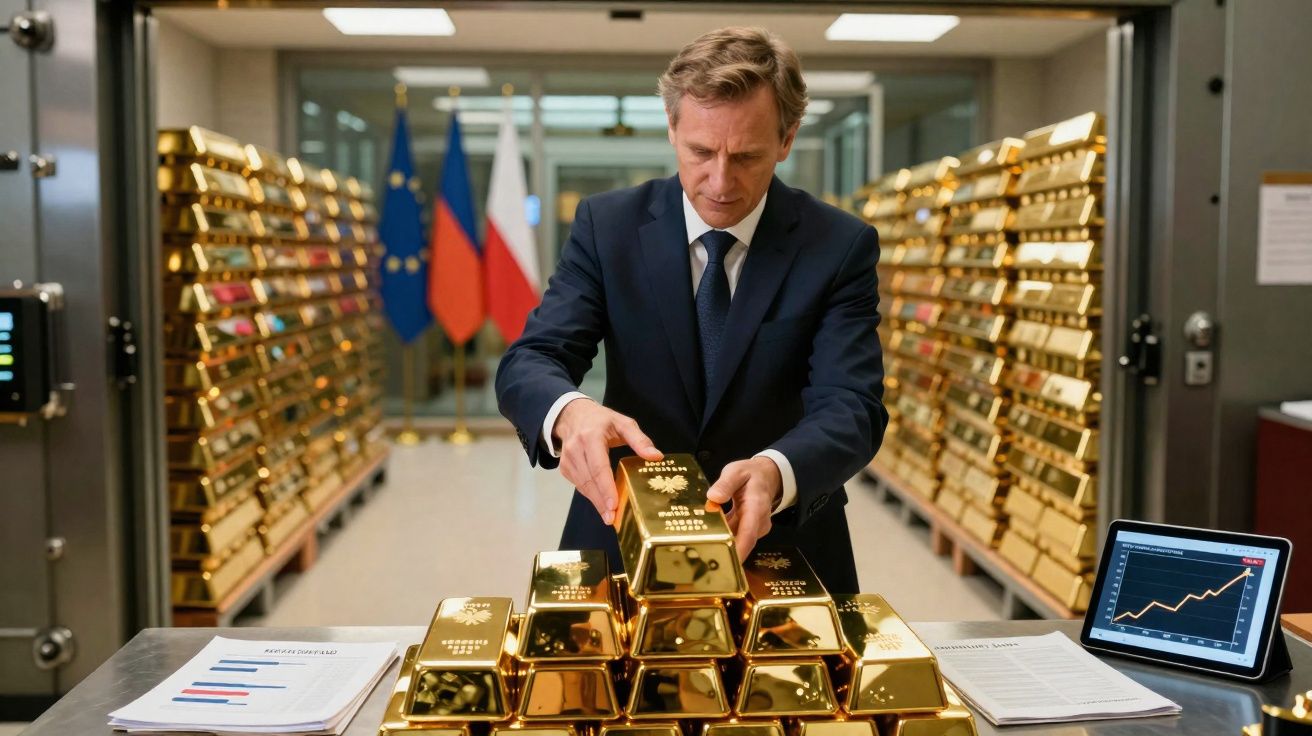 Homem de fato organiza barras de ouro em cofre com gráficos financeiros ao lado.