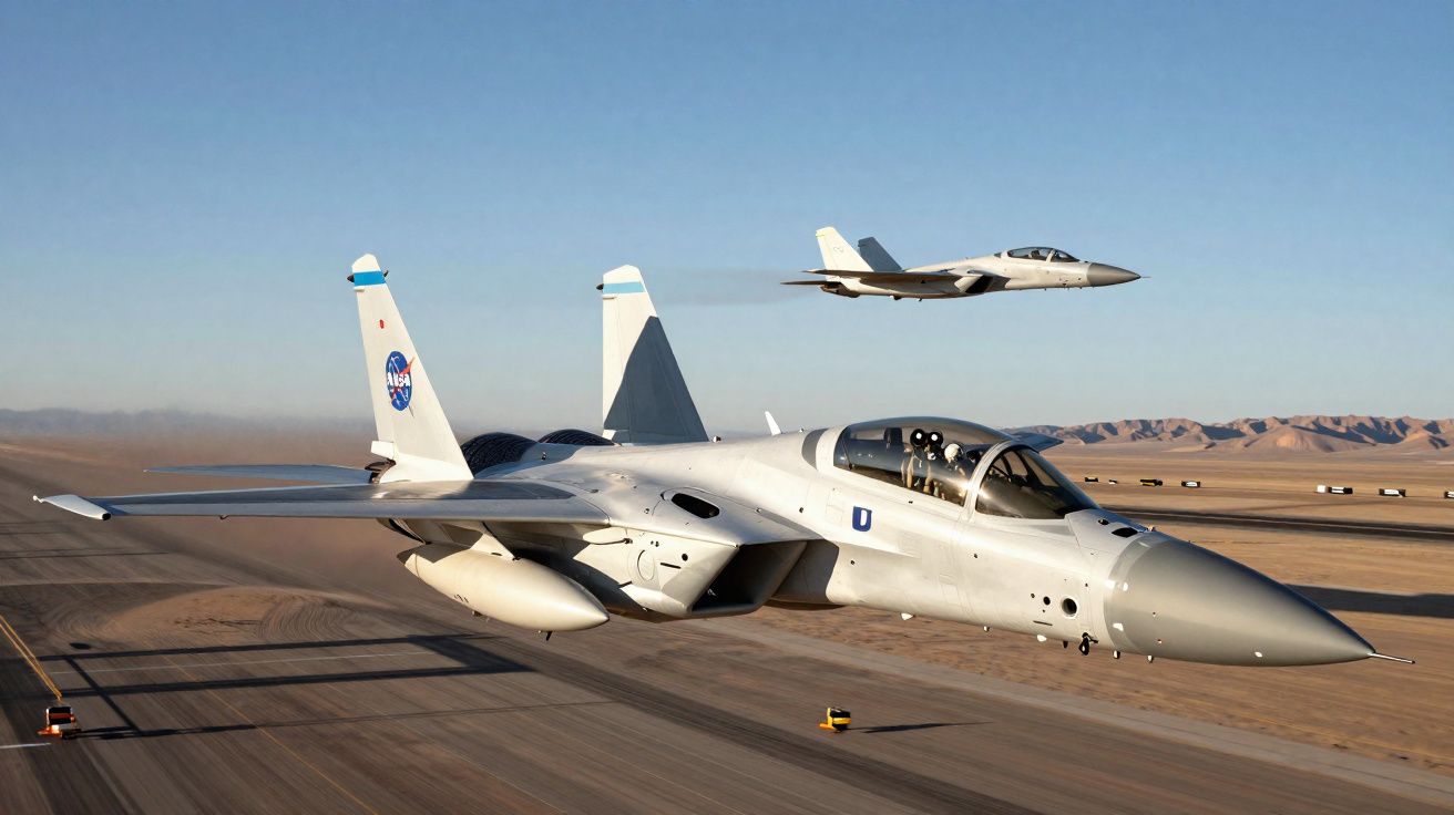 Dois aviões de caça brancos da NASA voando sobre uma pista e deserto ao pôr do sol.
