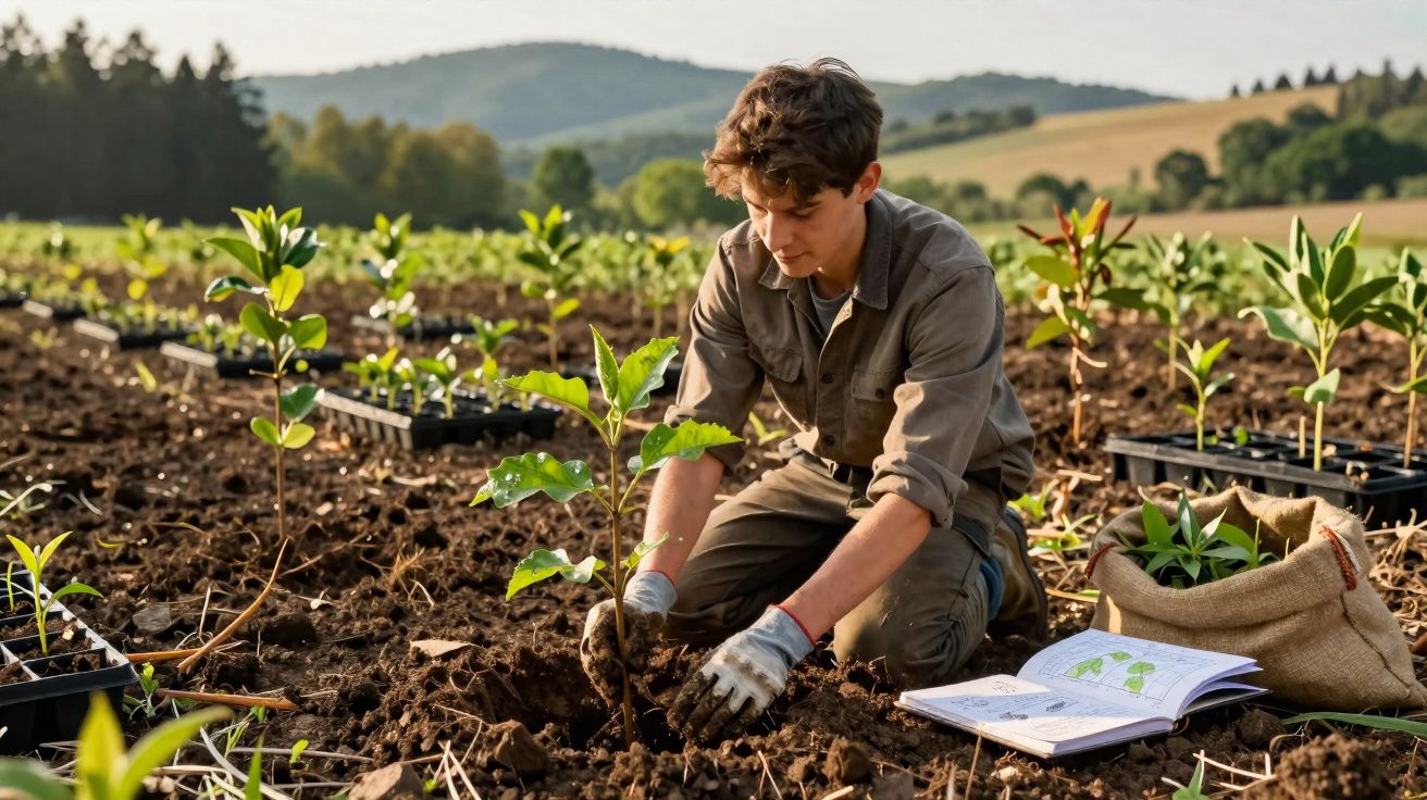 Jovem planta árvore num campo aberto rodeado por várias outras plantas e um caderno aberto.
