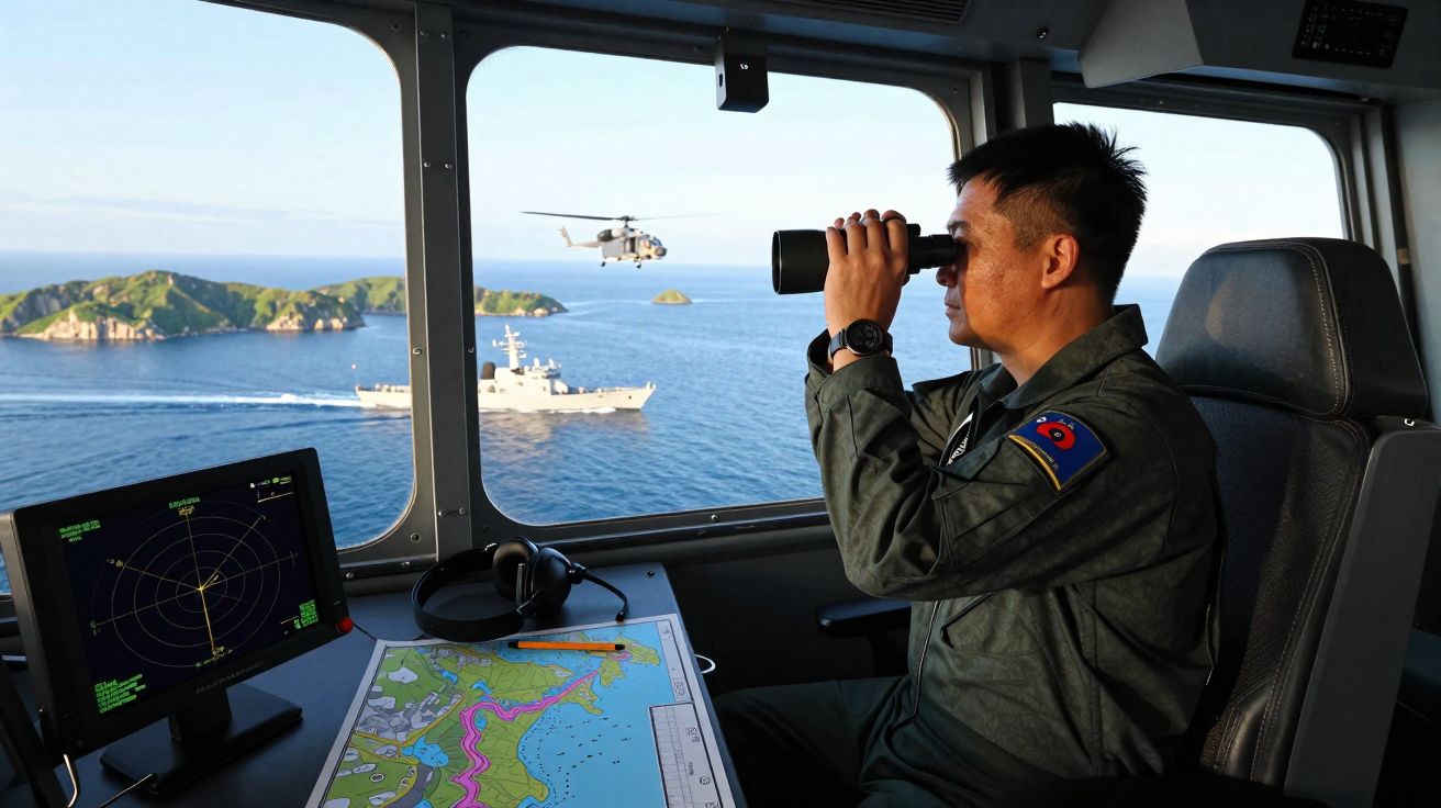 Militar em ponte de comando observa com binóculos um navio e um helicóptero sobre o mar perto de ilhas.