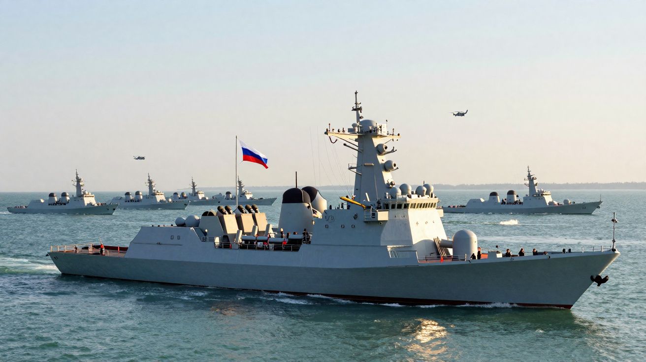 Navio de guerra russo com bandeira a navegar no mar acompanhado por seis outros navios militares e dois helicópteros.