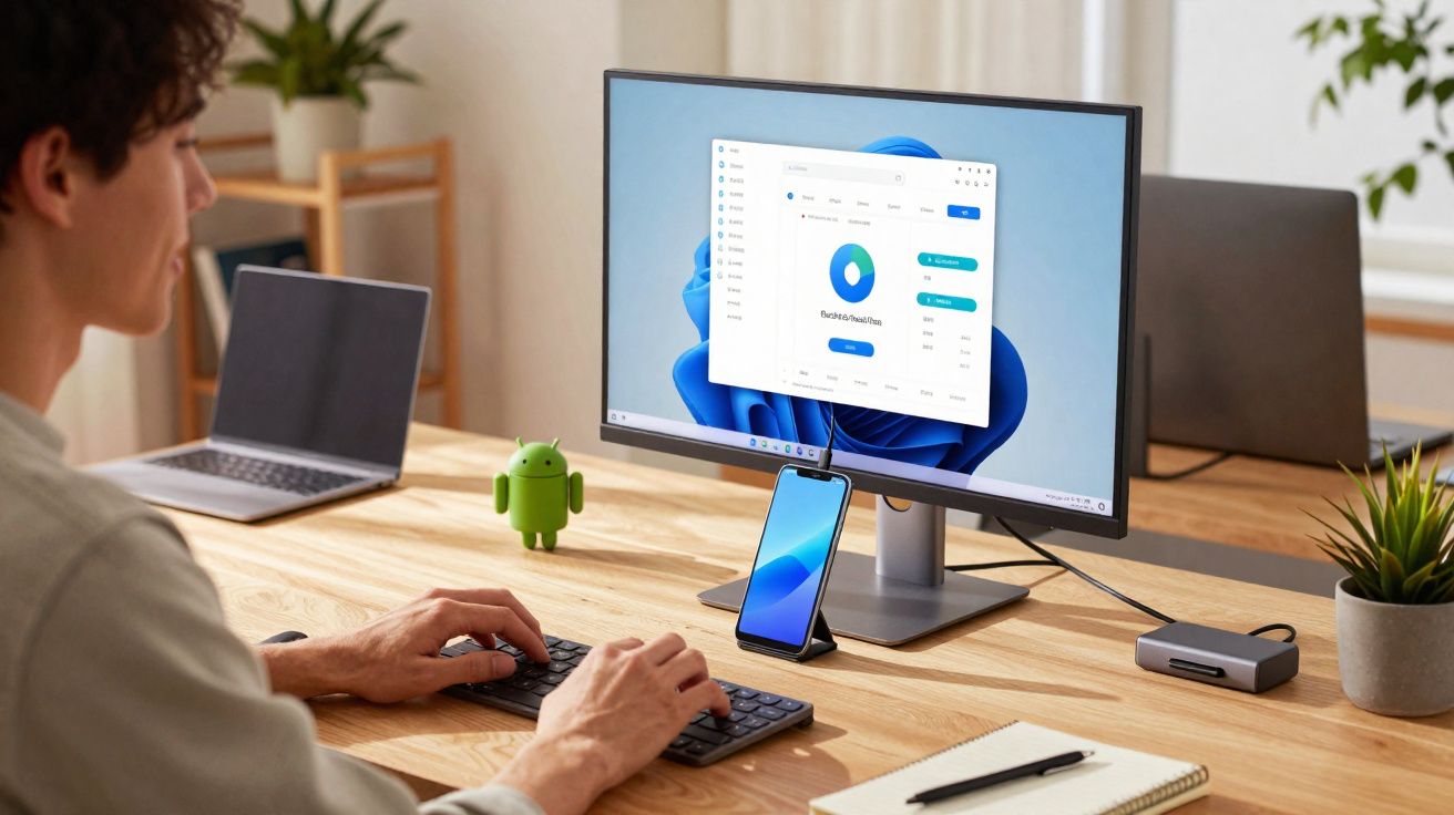 Pessoa a usar computador com ecrã grande, smartphone e acessórios numa secretária organizada