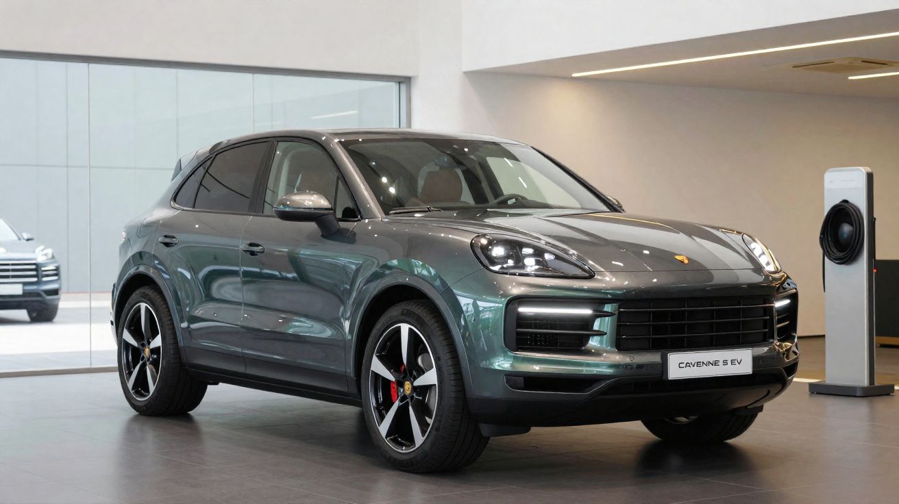 Carro SUV Porsche Cayenne S EV cinzento exibido numa exposição interior moderna.