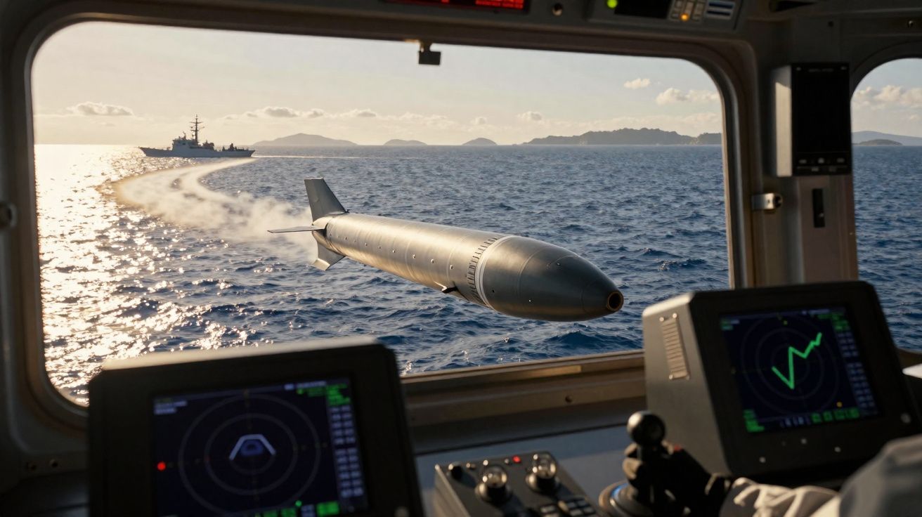 Torpedo em lançamento visto pelo interior de uma embarcação com radar e mar ao fundo.