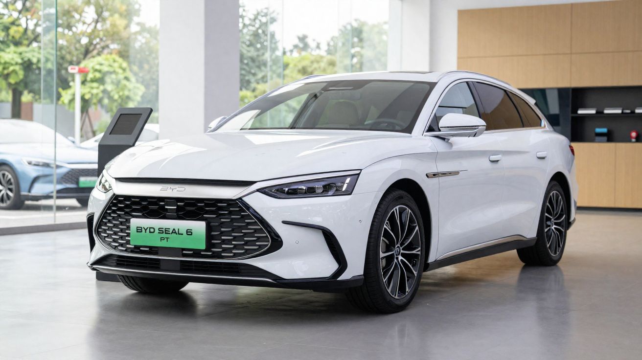 Automóvel branco BYD Seal 6 estacionado num interior moderno, com grandes janelas e ambiente luminoso.