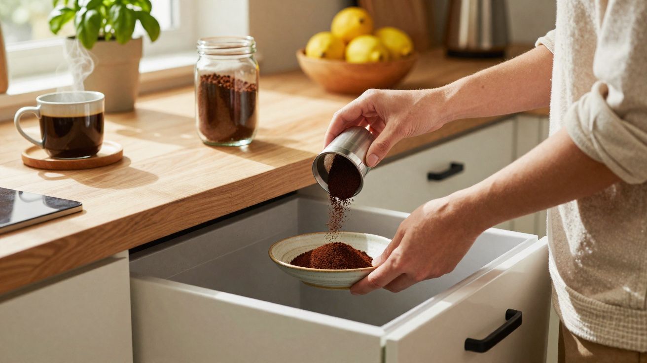 Pessoa a encher um filtro com café moído na cozinha, com chávena de café fumegante na bancada.