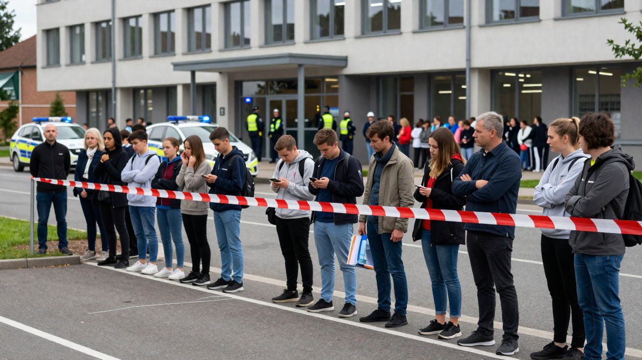 Pessoas em fila atrás de fita de isolamento vermelho e branco com polícia e viaturas ao fundo junto a edifício.