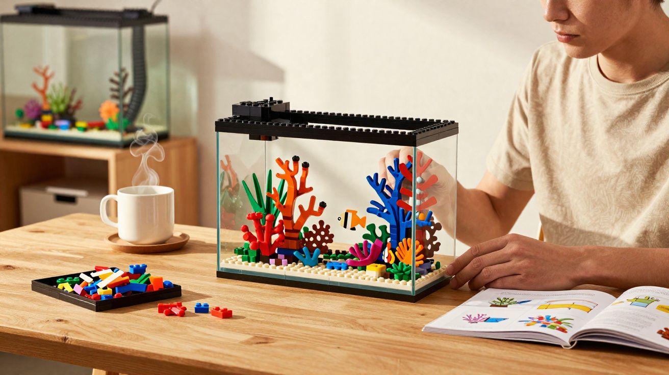 Pessoa a montar aquário decorativo com peças de lego coloridas numa mesa de madeira.