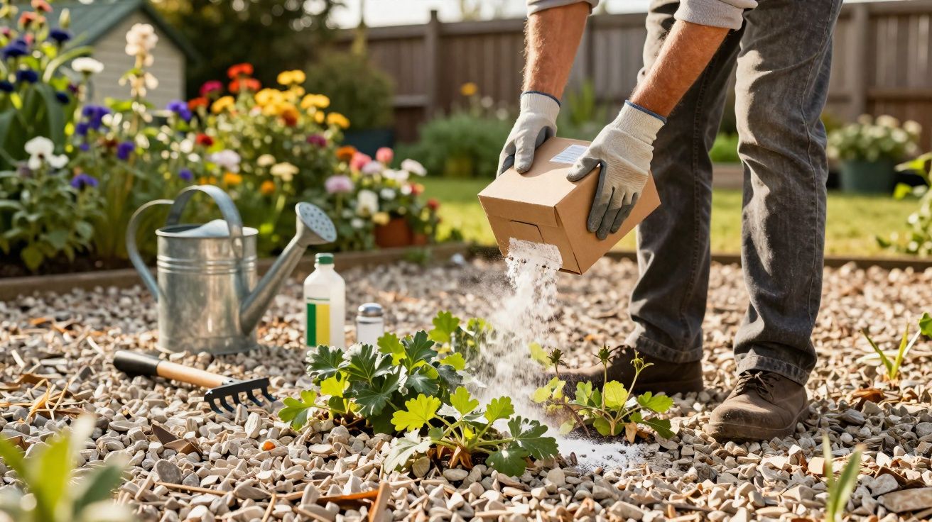 Pessoa a aplicar fertilizante em planta num jardim com flores, regador e ferramentas ao lado.