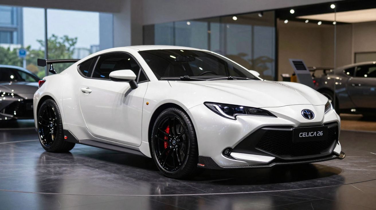 Carro desportivo branco Toyota Celica 26 em exposição numa sala com piso brilhante.