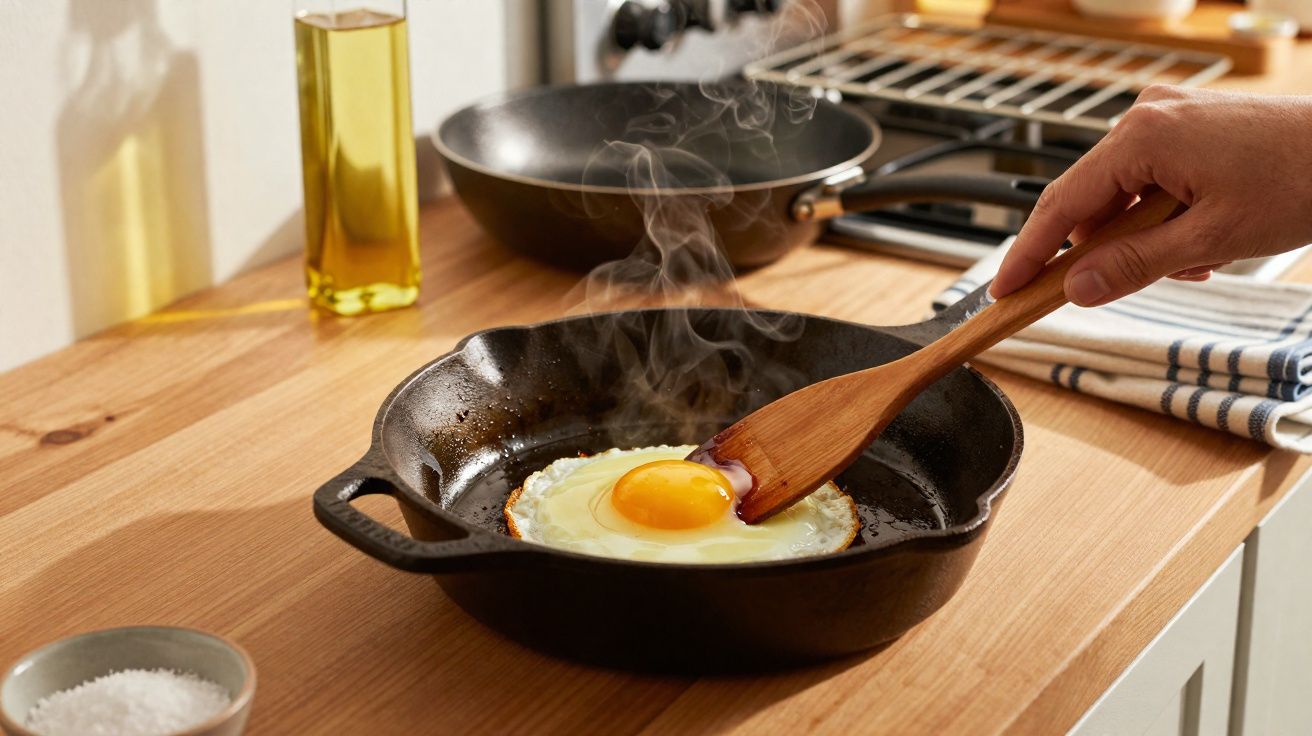 Ovo estrelado a cozinhar numa frigideira preta com vapor, utensílio de madeira e azeite ao fundo.