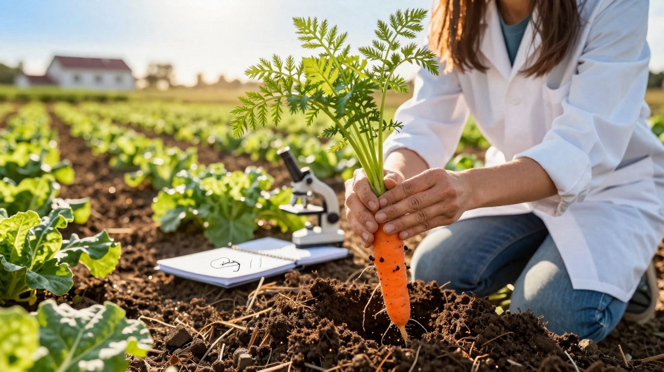 Pessoa de bata branca a colher cenoura num campo agrícola, com microscópio e caderno no chão.