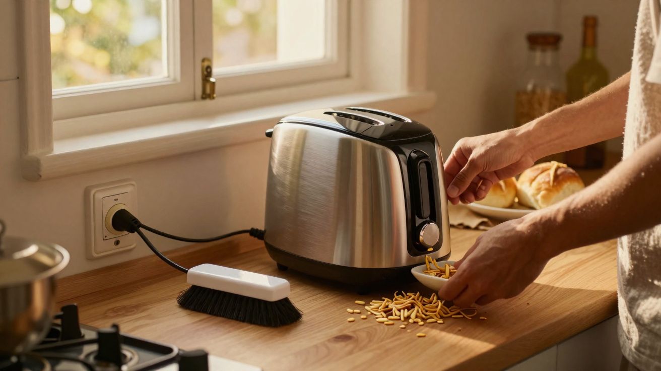 Pessoa segurando torradeira enquanto grãos caem sobre bancada de cozinha iluminada por janela.