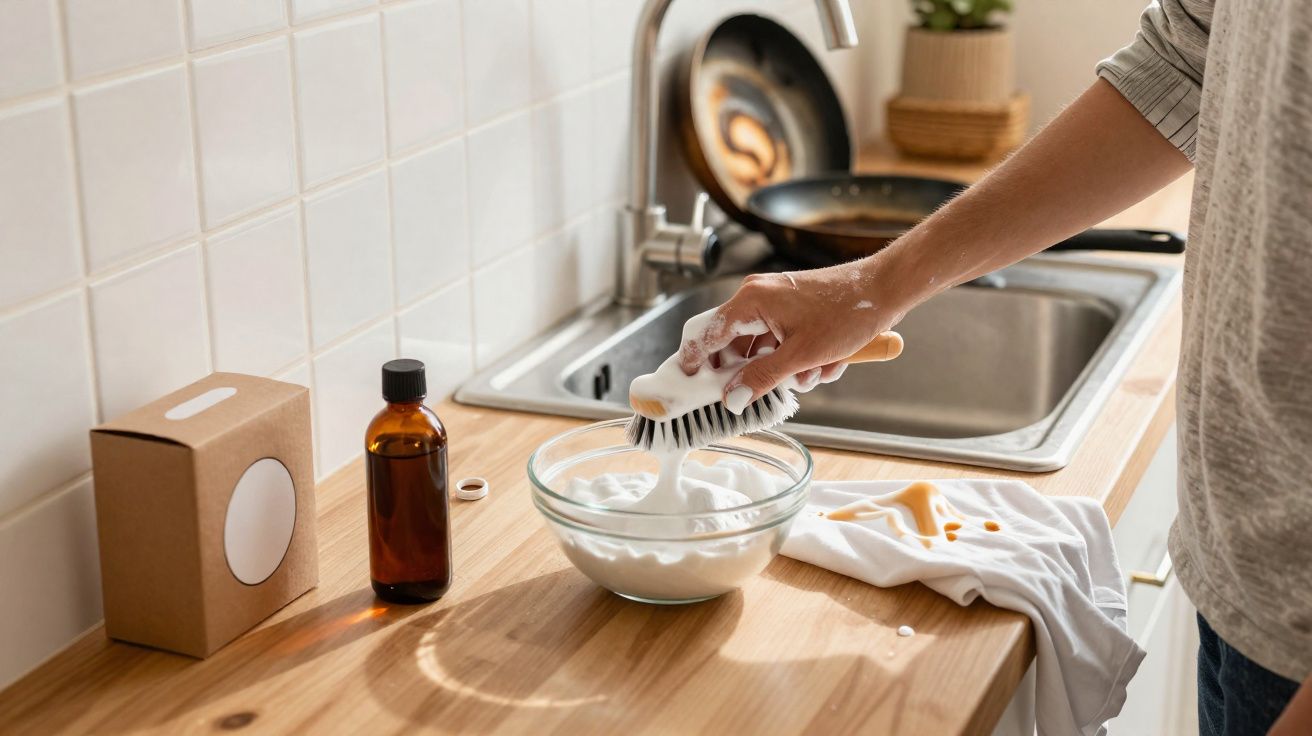 Pessoa a esfregar manchas numa camisa branca usando escova e espuma num balde de plástico na cozinha.