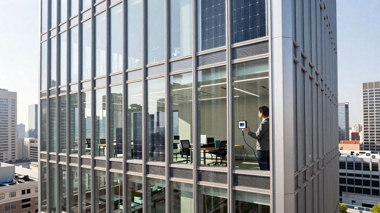 Edifício moderno com fachadas de vidro e pessoa a usar um dispositivo electrónico junto a janela.