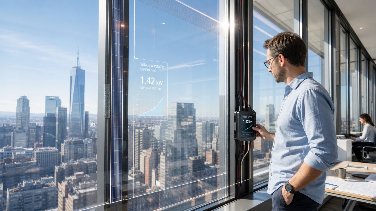 Homem a usar painel de controlo de energia solar numa janela de escritório com vista para a cidade.