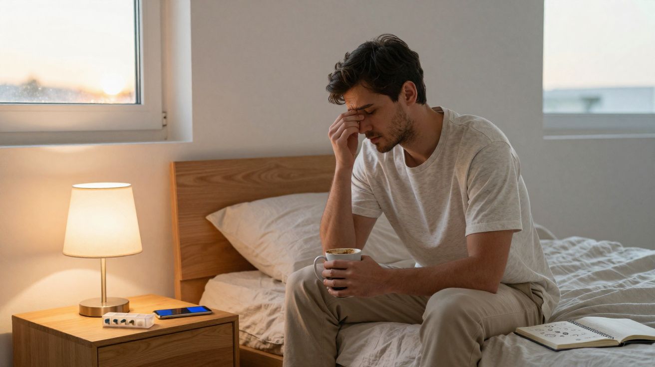 Homem sentado na cama com expressão de cansaço, segurando uma caneca, num quarto iluminado pela luz suave.