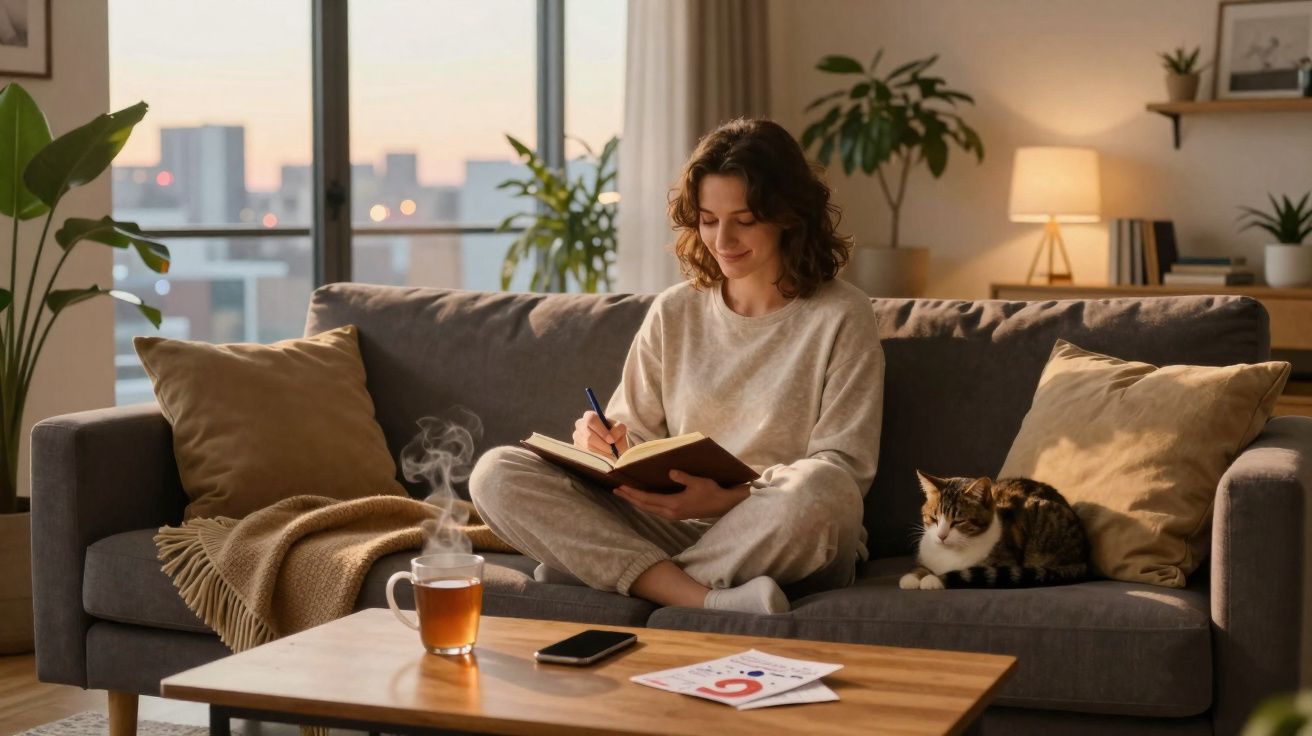 Mulher sentada no sofá a escrever num caderno junto a um gato e chá quente numa sala acolhedora ao entardecer.