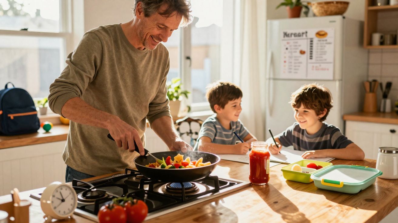 Homem cozinha legumes numa panela enquanto duas crianças estudam e sorriem na cozinha luminosa.