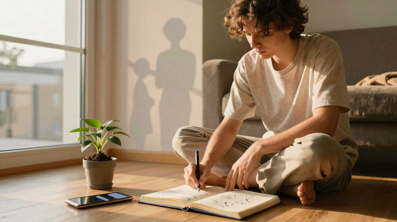Pessoa jovem sentada no chão a desenhar num caderno junto a uma planta e um telemóvel.