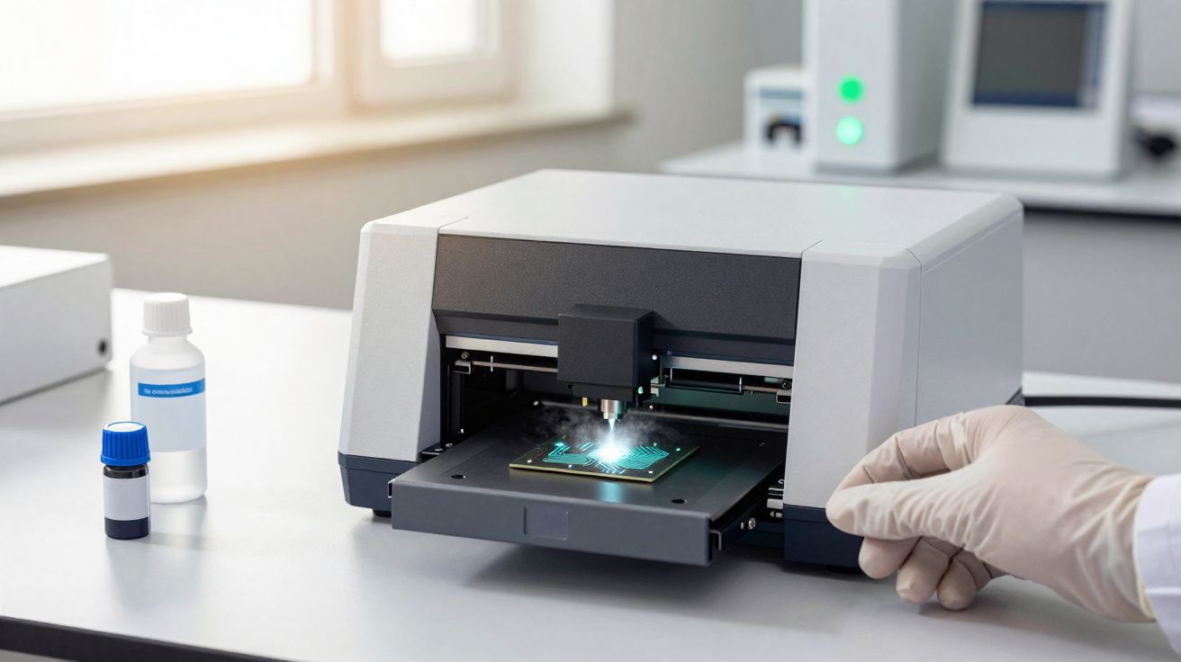 Impressora 3D a criar um circuito eletrónico com mão de pessoa usando luva a operar o dispositivo.