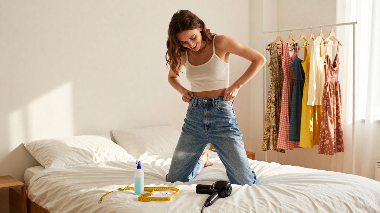Mulher feliz a experimentar jeans, ao lado de fita métrica e secador, em quarto luminoso com roupas penduradas.