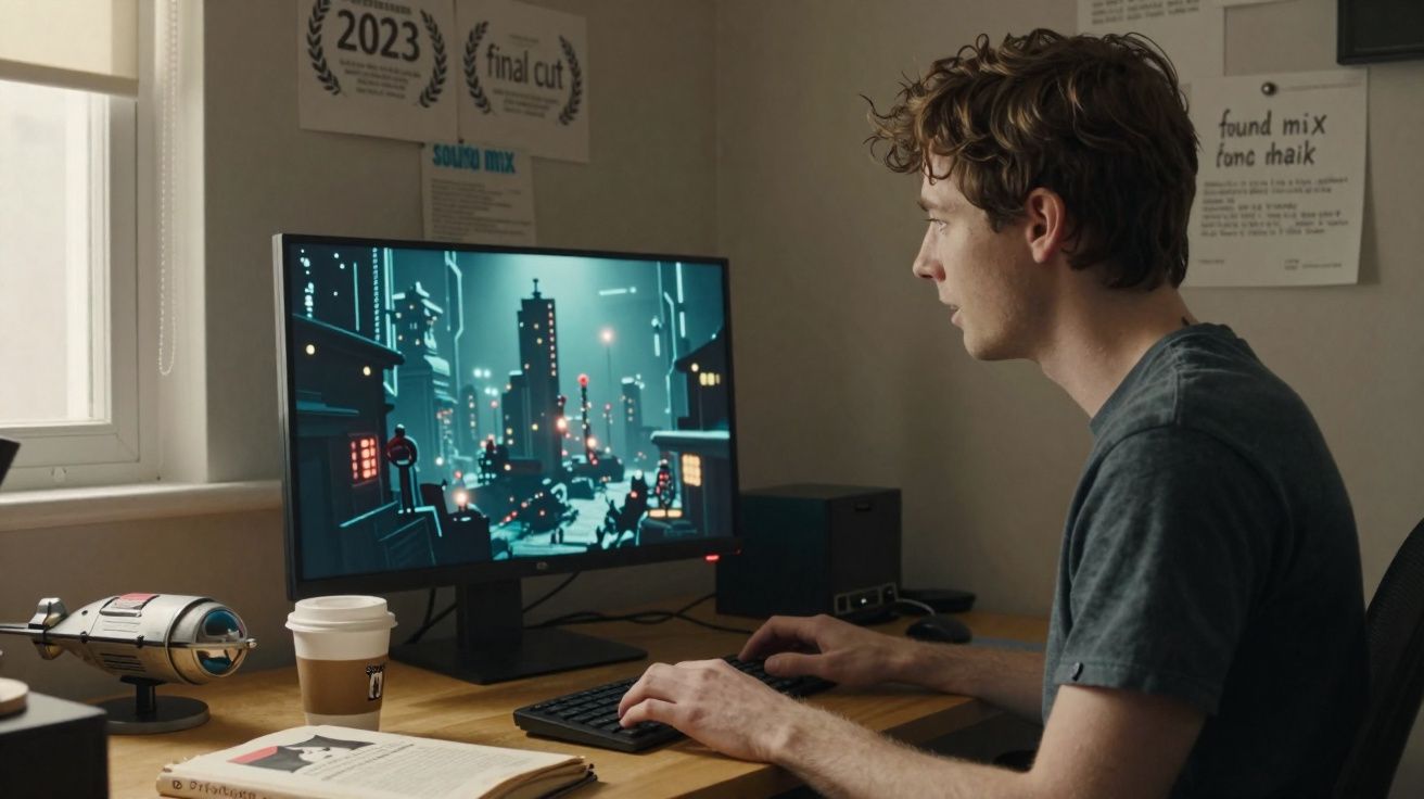 Jovem sentado a usar computador com imagem futurista numa secretária com livros e café.