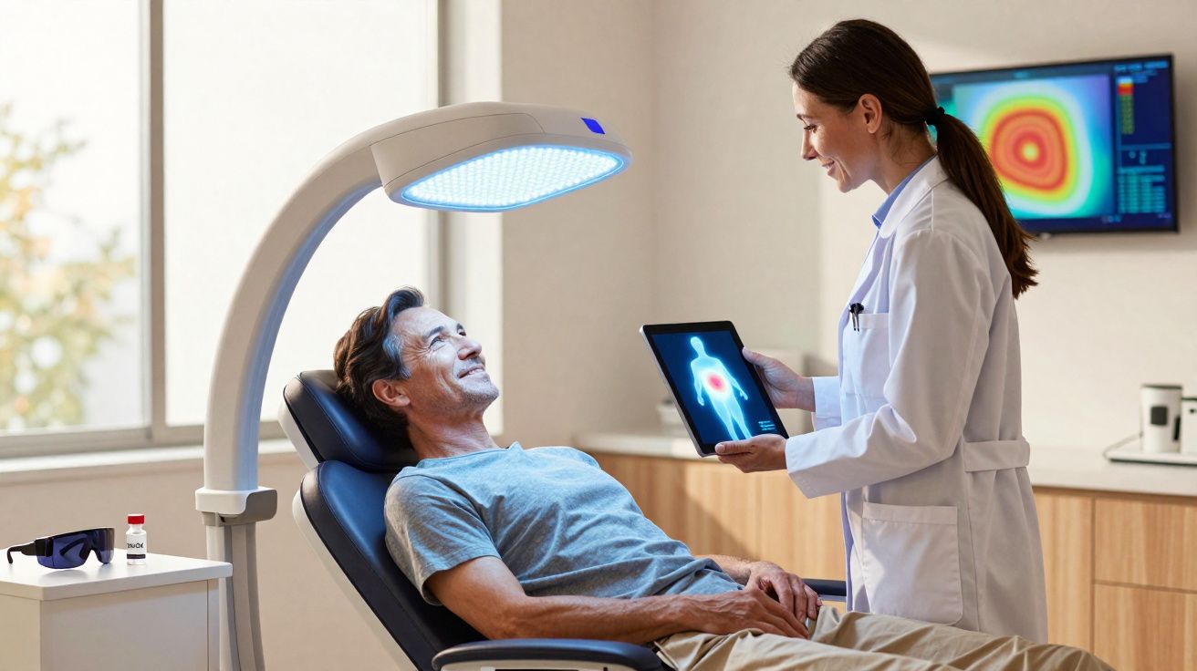 Homem sentado a receber consulta médica sobre saúde óssea com imagem digital de raio-x mostrada por médica.
