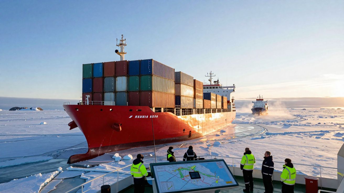 Navio porta-contentores vermelho a navegar em mar gelado com pessoas a observar a viagem num outro barco.